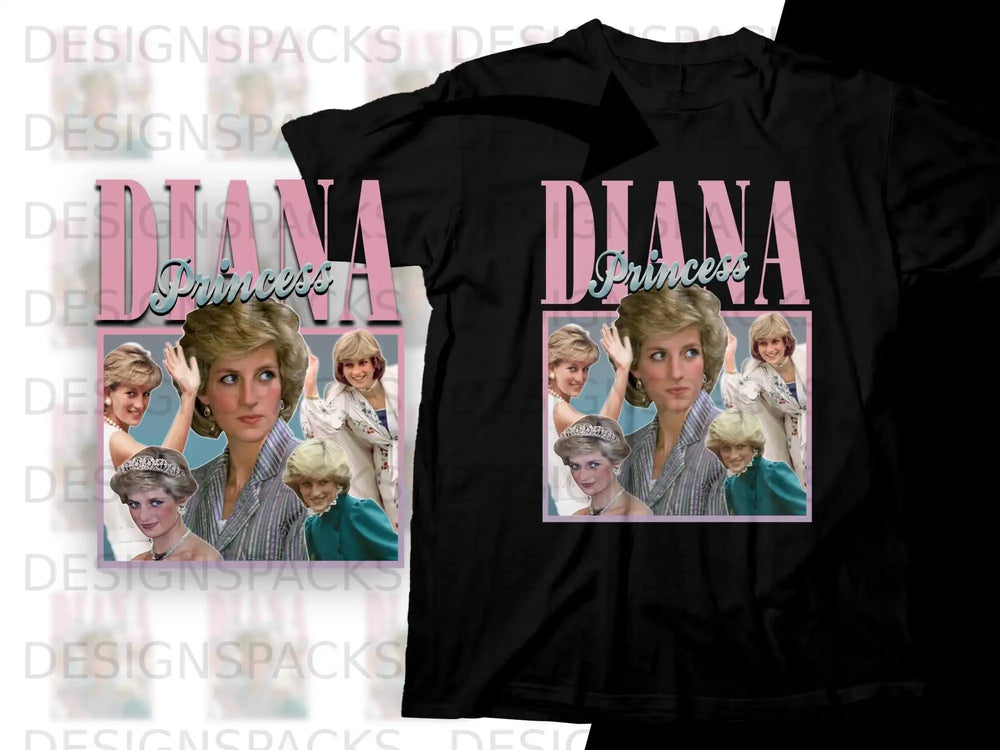 Princess Diana collage on a black t-shirt.