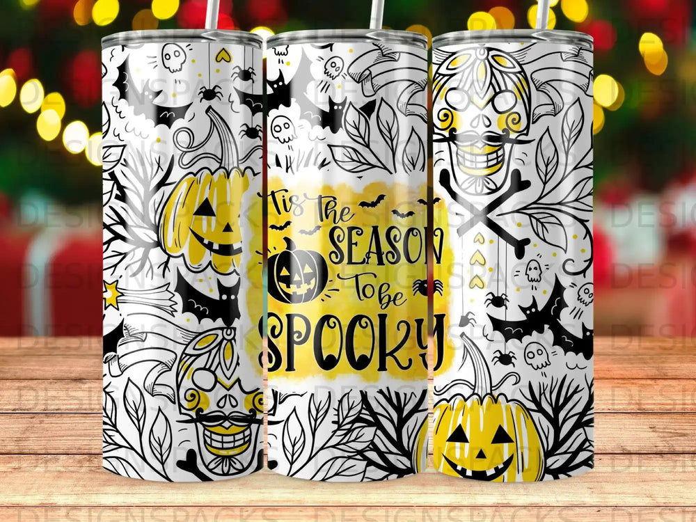 Halloween tumbler with pumpkins, skulls, bats, and "Tis the Season to be Spooky" text.