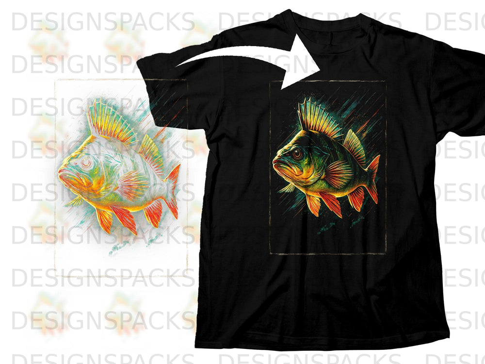 Black t-shirt featuring a colorful, detailed illustration of a fish with spiky fins.