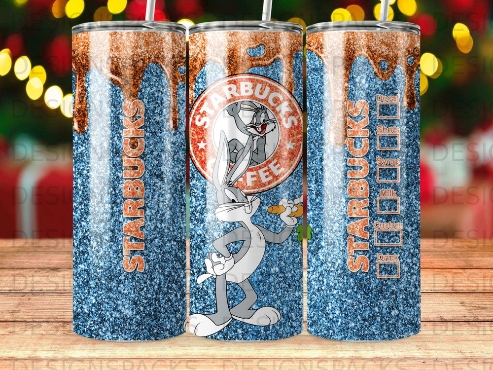 Starbucks glitter tumbler featuring Bugs Bunny holding a carrot.