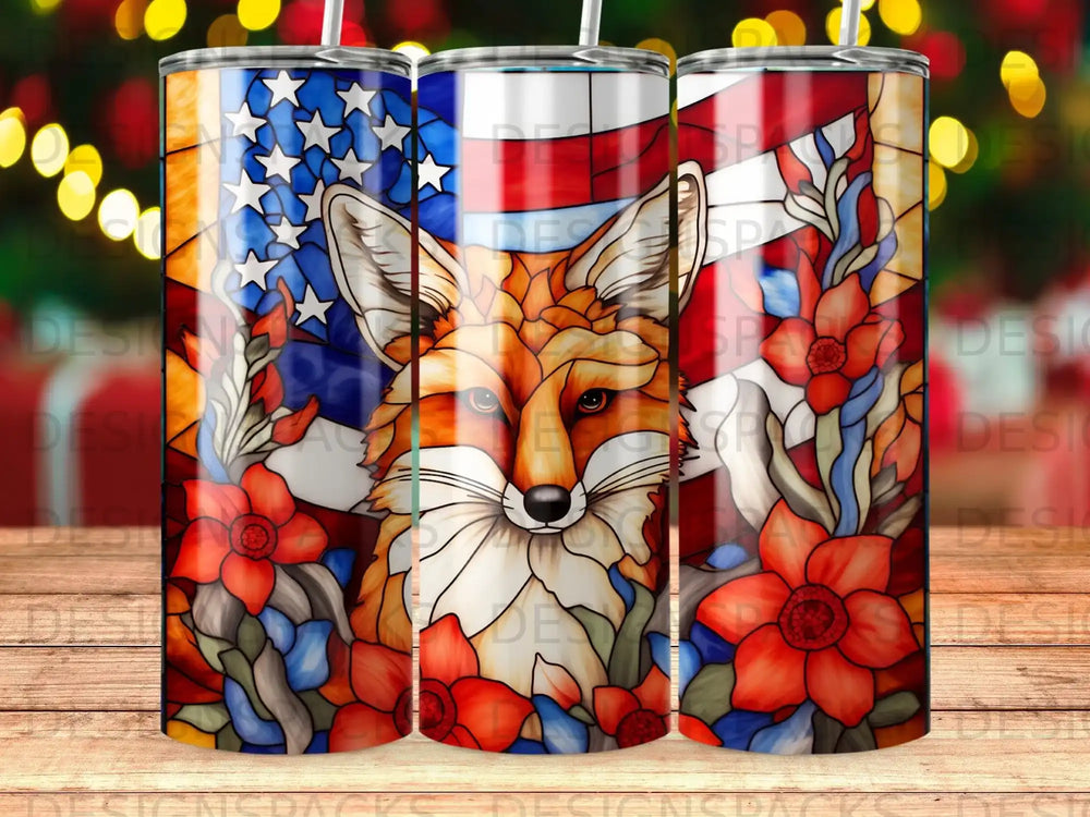 Close-up of a fox with floral and American flag details on a tumbler.