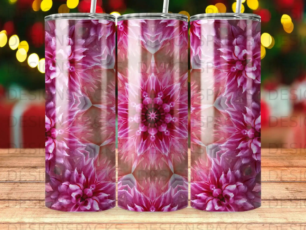 Pink floral mandala pattern on three tumblers.