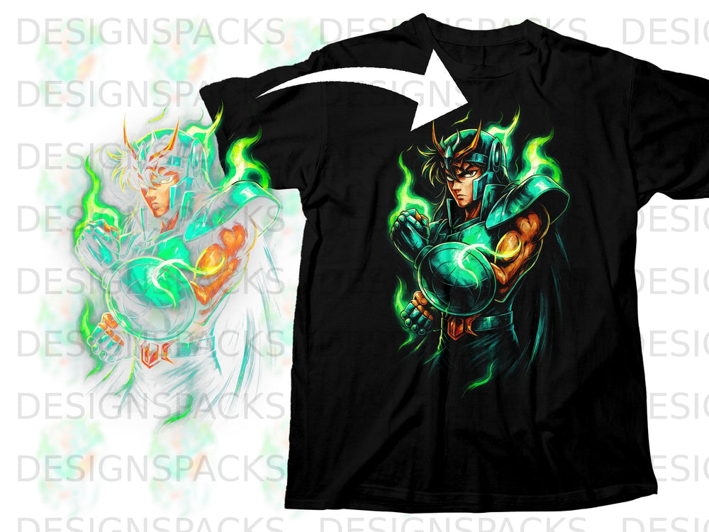 Black t-shirt featuring an anime character in green armor with glowing effects.