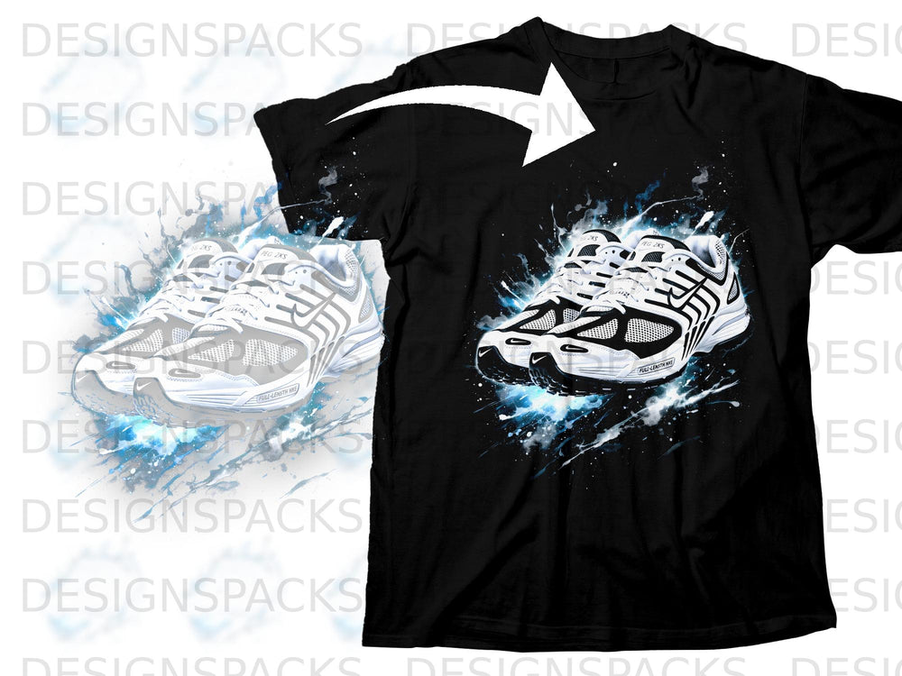 Black t-shirt with graphic of two white Nike running shoes with blue abstract splashes.