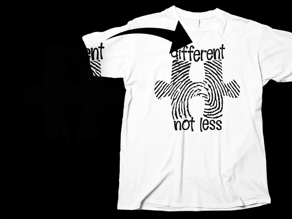 Different Not Less T-Shirt, Inspirational Message, Unisex Black and White Tee, Modern Typography Fingerprint Design, Gift Idea