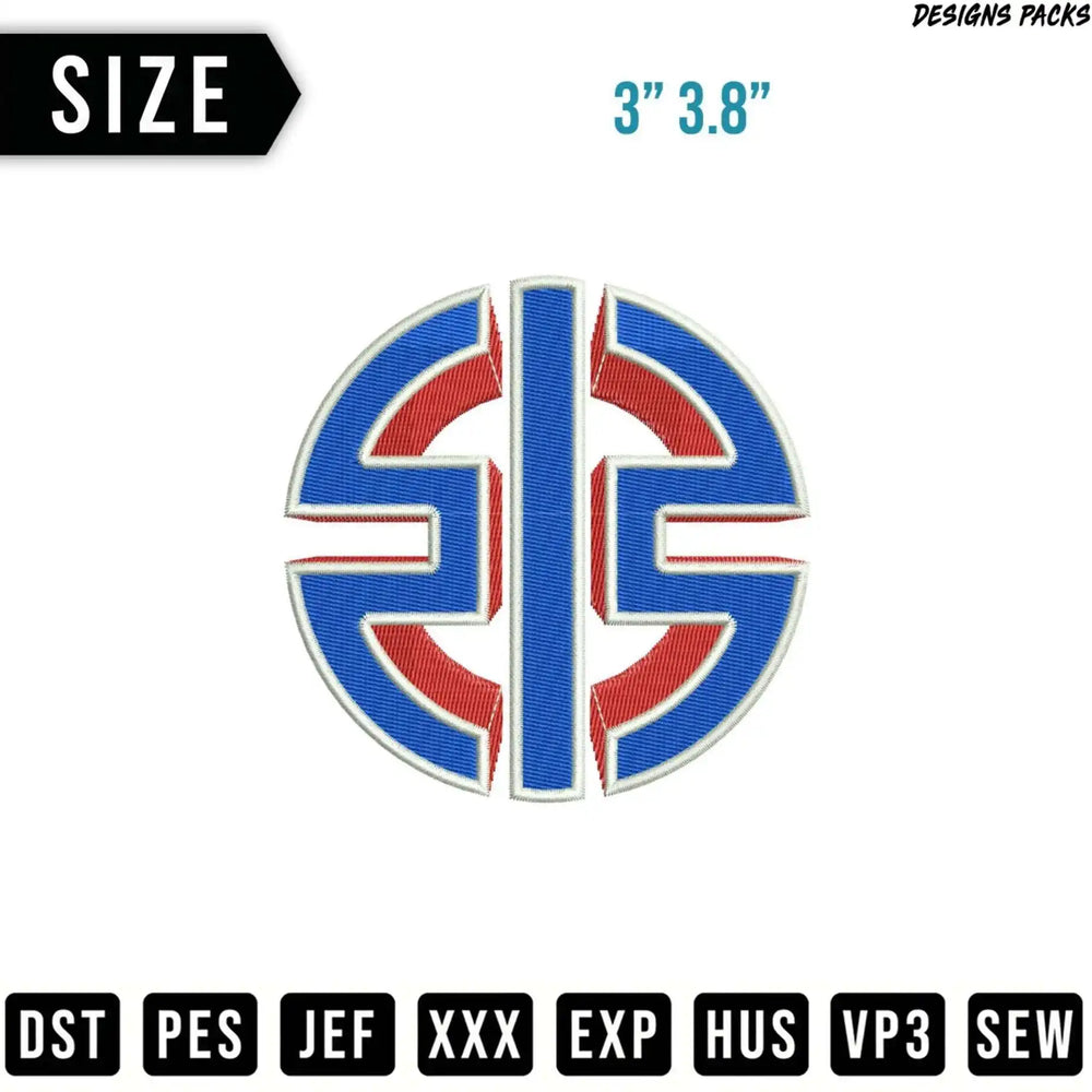 Blue and red embroidered logo with "SIZE" and file format options.