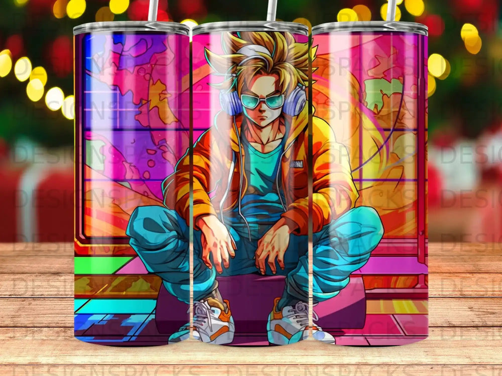 Anime character with headphones and orange jacket, crouching.