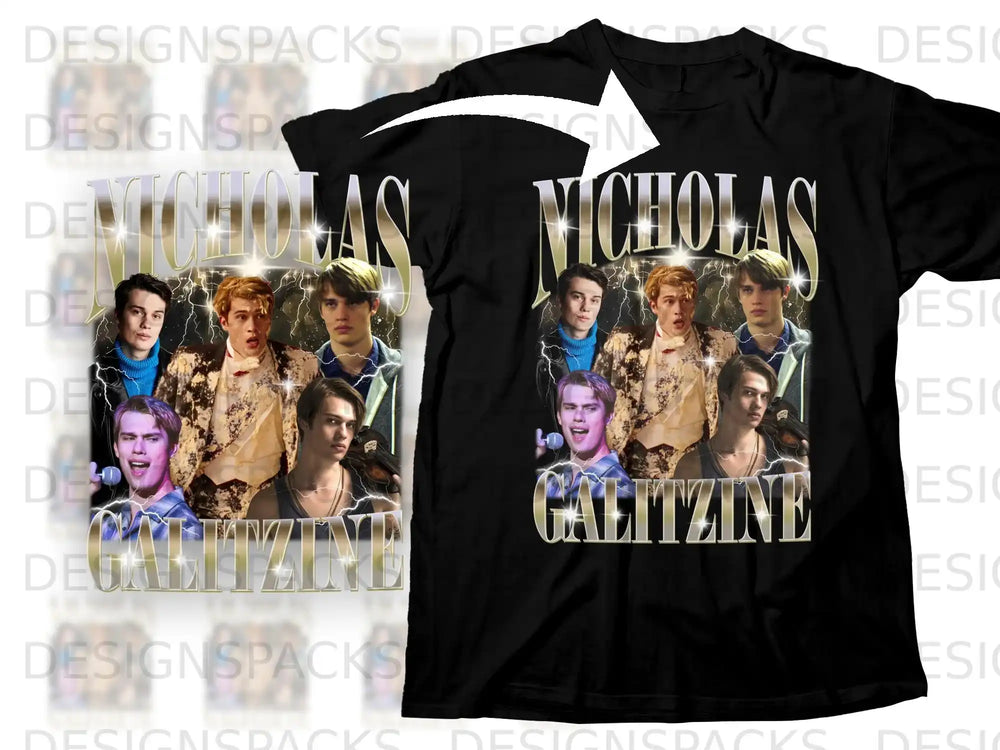 T-shirt with "NICHOLAS CALITZINE" and four portraits of a young man.