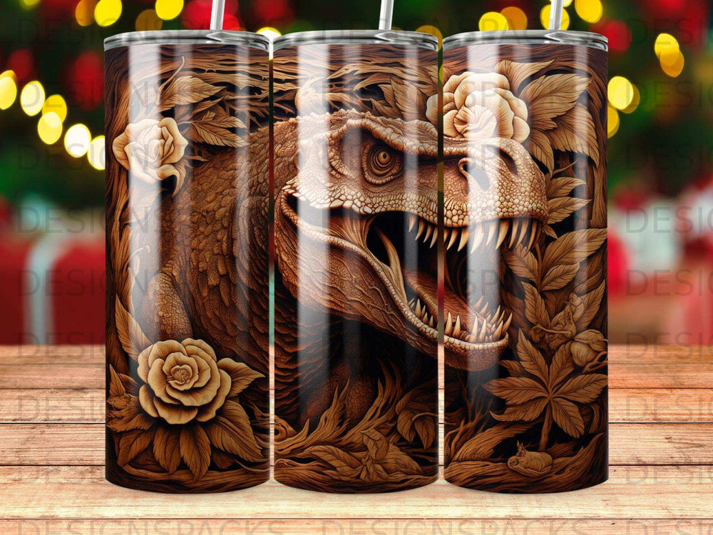 T-Rex dinosaur head with flowers and leaves design on a tumbler.