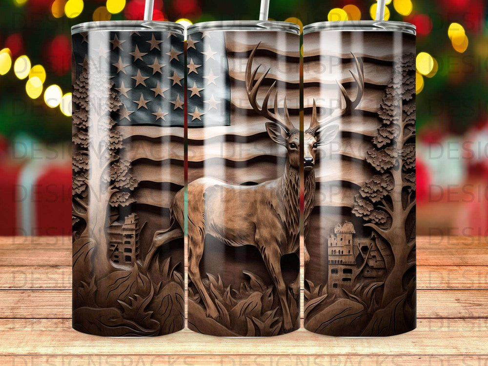Woodgrain tumbler featuring an embossed deer, trees, and American flag design.