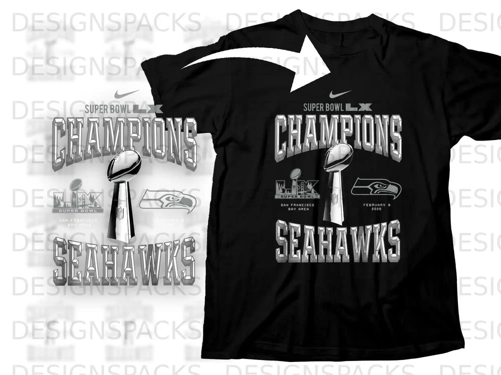 Black t-shirt with "Super Bowl Champions Seahawks" text and trophy.