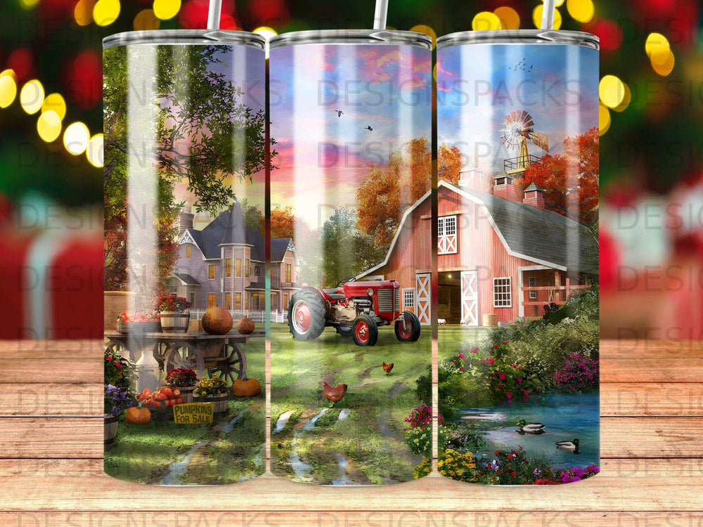 Farm scene with red tractor, barn, pumpkins for sale, and ducks.
