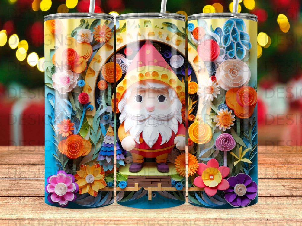 Cartoon gnome in colorful floral archway with bright lights.