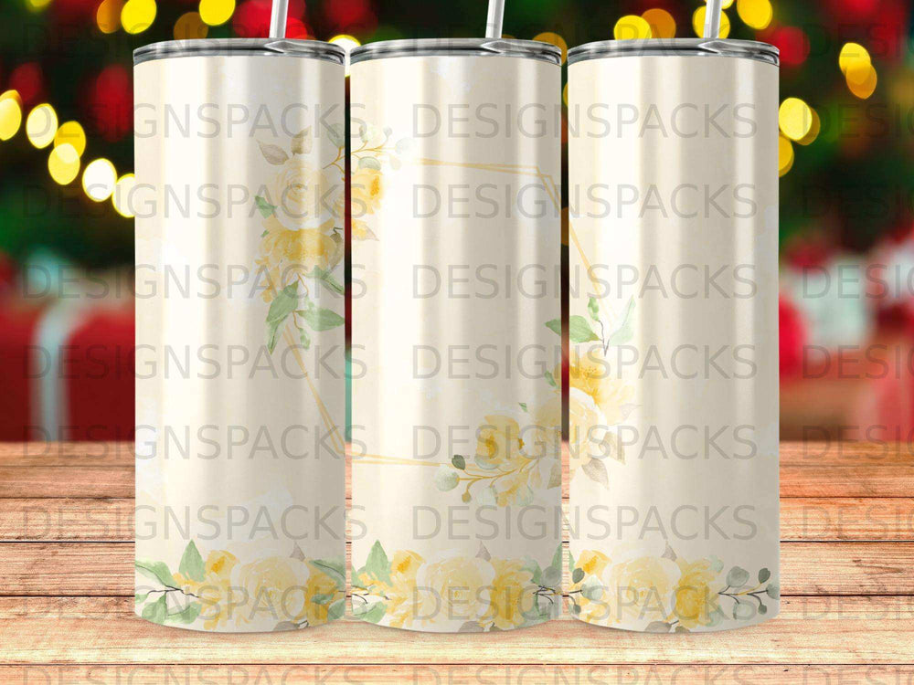 Three tumblers with a floral pattern and repeating text.