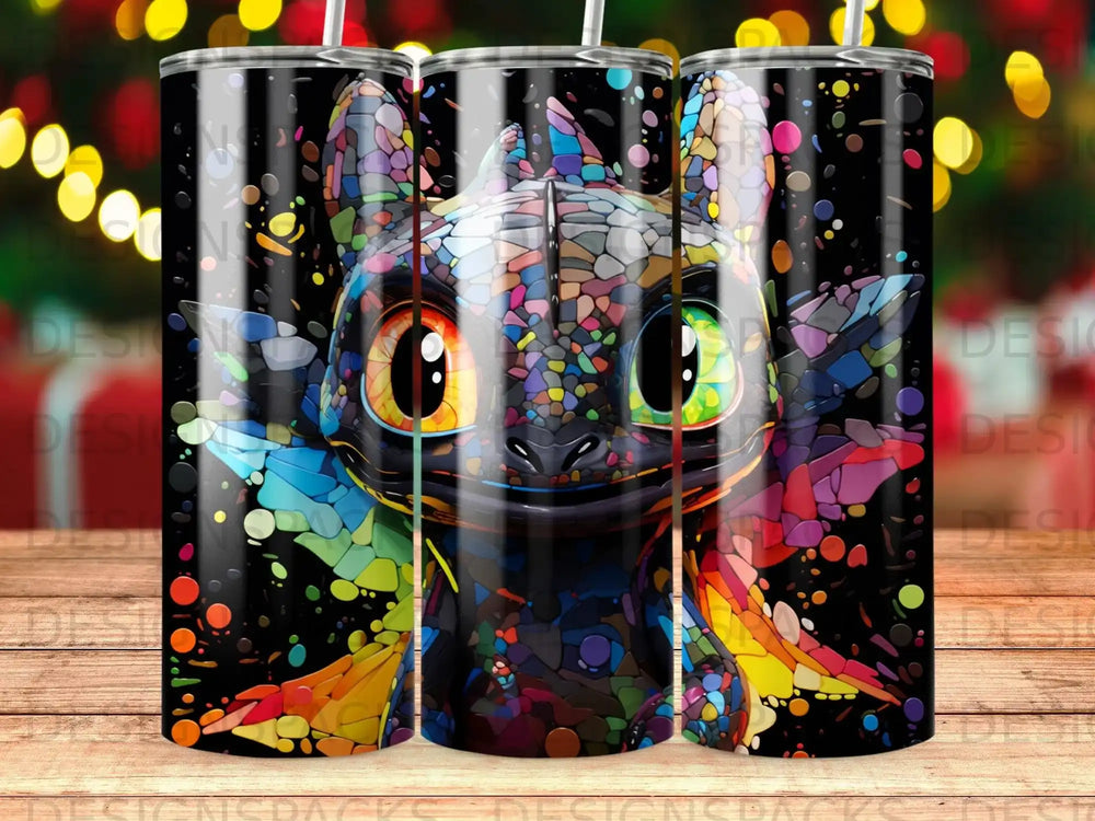 Colorful mosaic dragon character on black tumbler with bokeh lights.