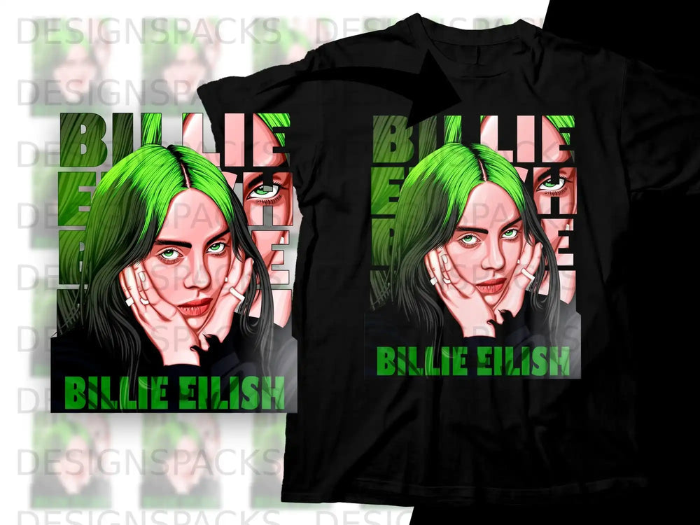 Black t-shirt featuring Billie Eilish portrait and name.