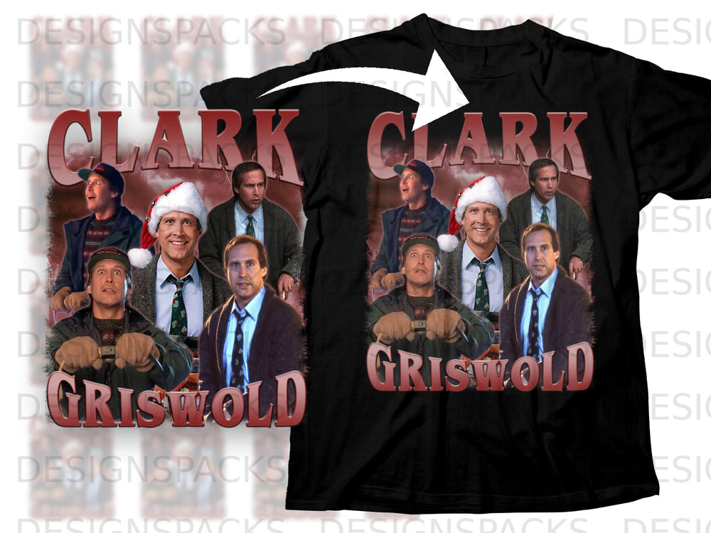 Black t-shirt with "CLARK GRISWOLD" text and multiple images of Chevy Chase.