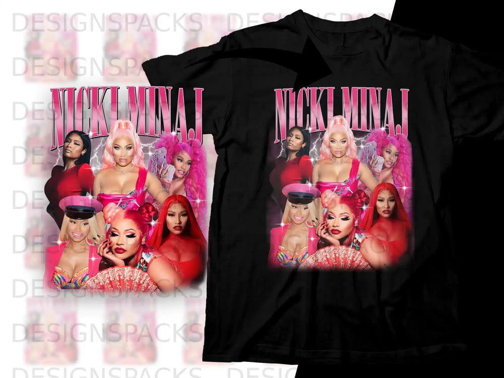Nicki Minaj collage with text "NICKI MINAJ" on black t-shirts.