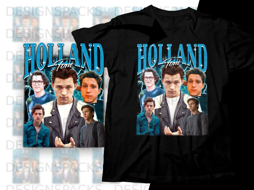 Collage of Tom Holland in various poses on a black t-shirt.