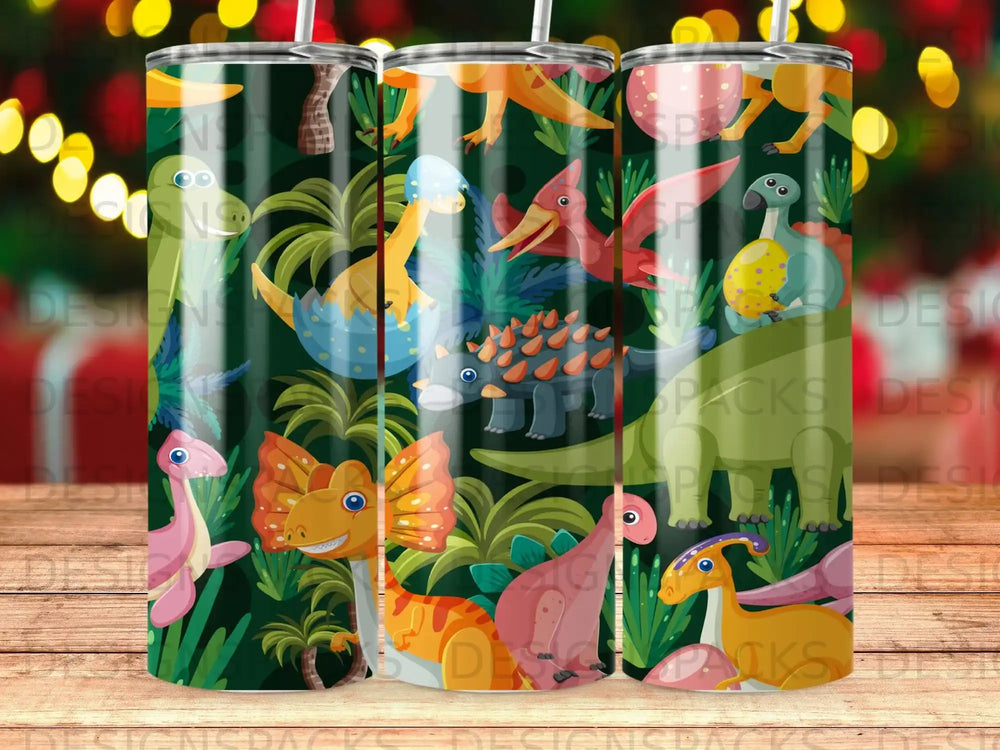 Colorful dinosaur pattern on a green background with bokeh lights.