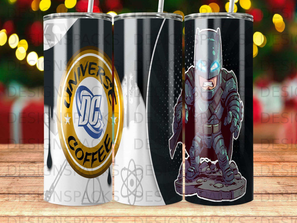 Batman with DC Comics coffee logo on a black tumbler.