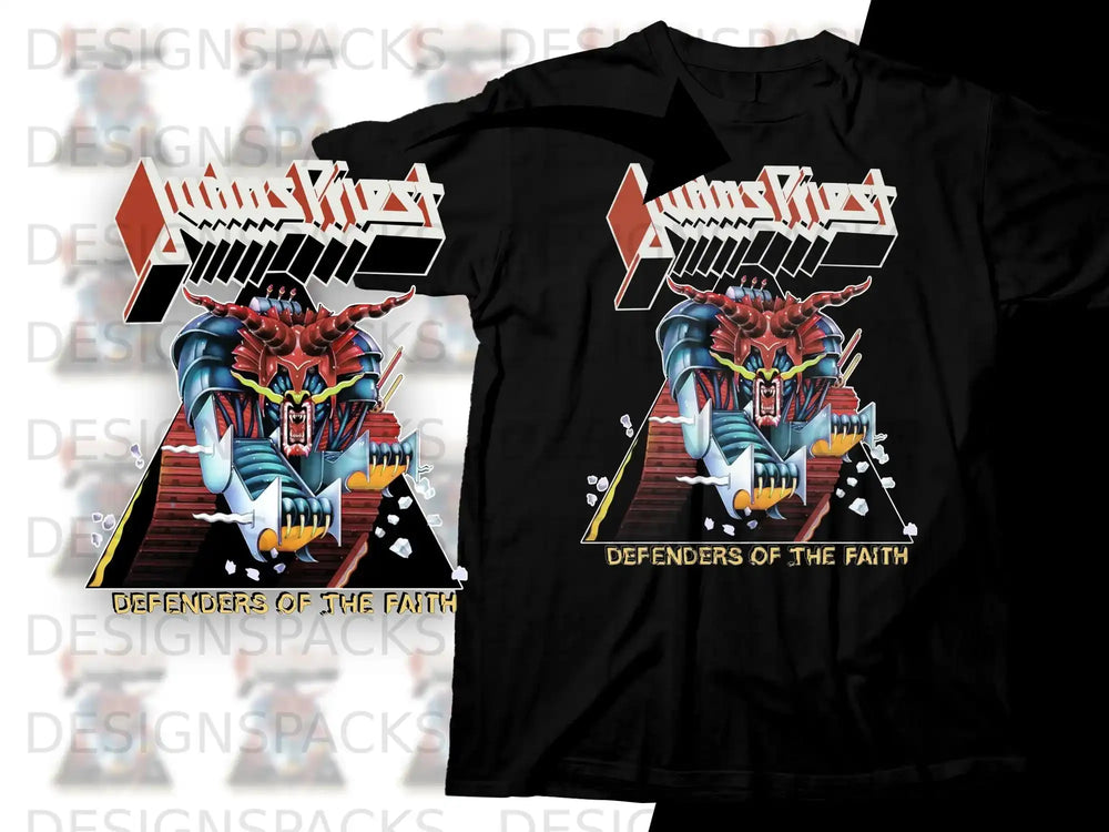 Black t-shirt with the Judas Priest "Defenders of the Faith" album art.