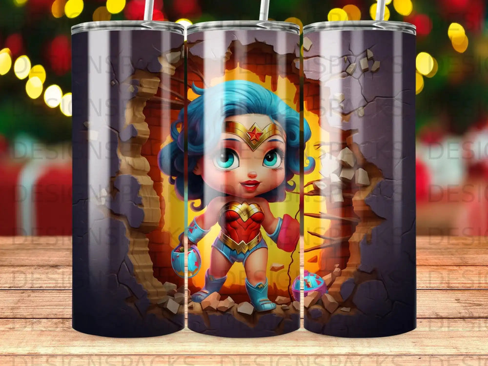 Cartoon Wonder Woman breaking through a brick wall, holding a bucket.
