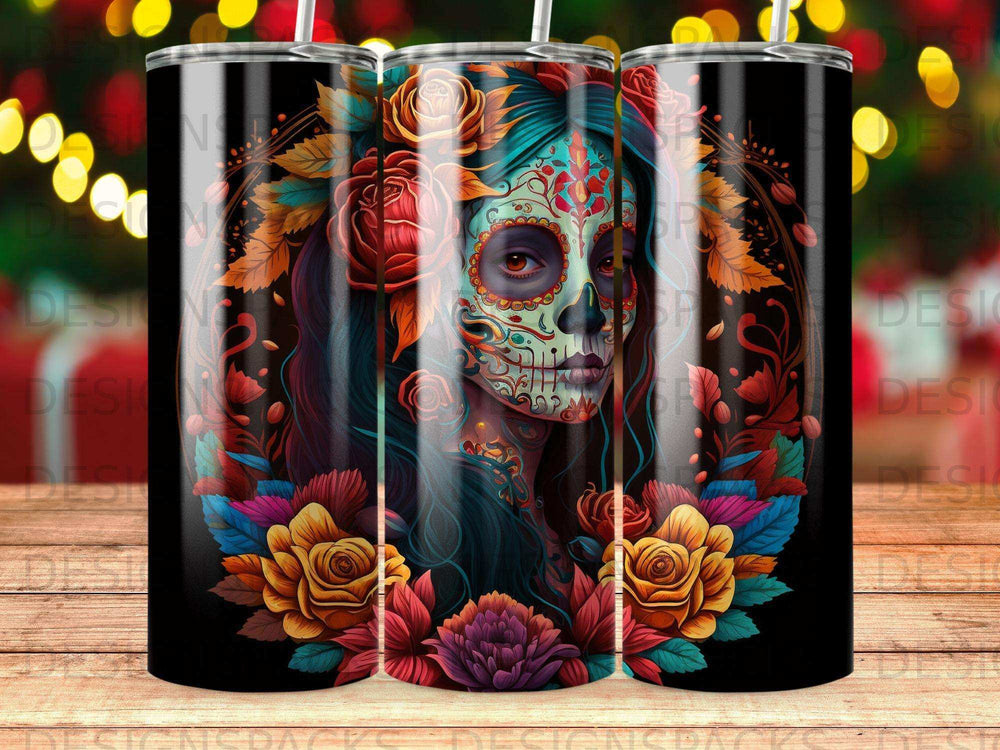 Day of the Dead skull woman adorned with flowers and ornate makeup.