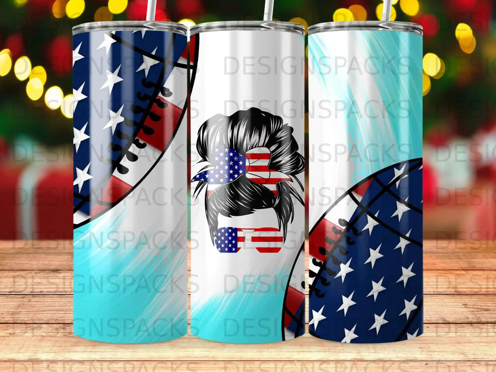 Tumbler with American flag messy bun and football design.