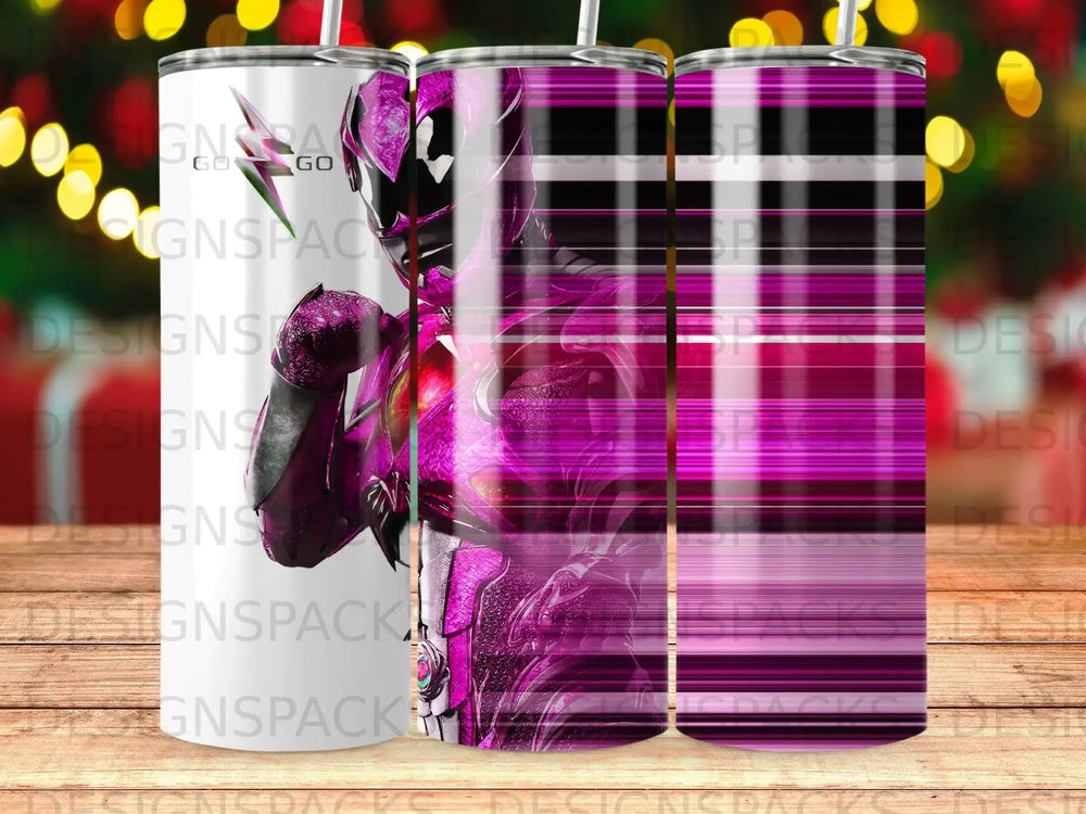 Pink and purple digital art of a superhero character on a patterned background.