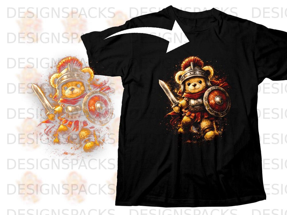 Teddy bear warrior in armor holding sword and shield on black t-shirt.