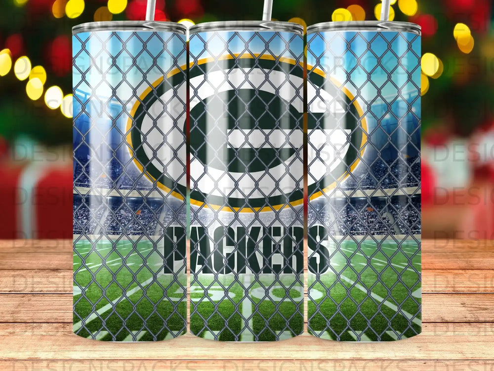 Green Bay Packers logo on a tumbler with stadium background.