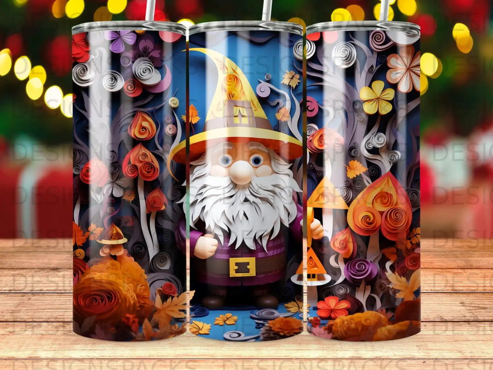 Gnome in wizard hat and autumnal nature design on tumbler.
