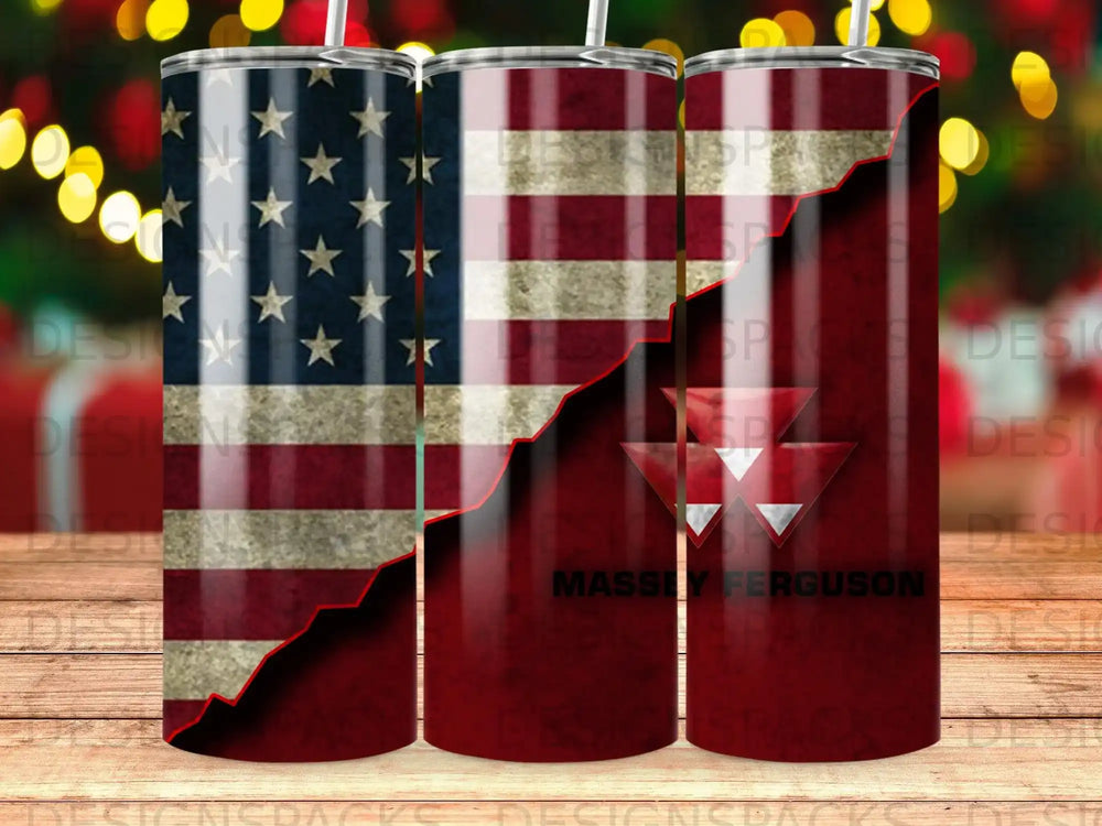 American flag and Massey Ferguson logo on a tumbler.