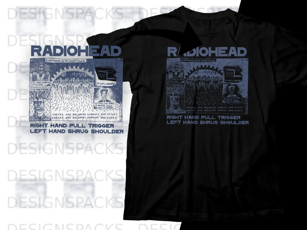 Radiohead "Everything in its Right Place" t-shirt with graphic and lyrics.