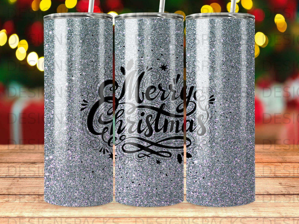 Silver glitter tumbler with "Merry Christmas" text and subtle sparkles.