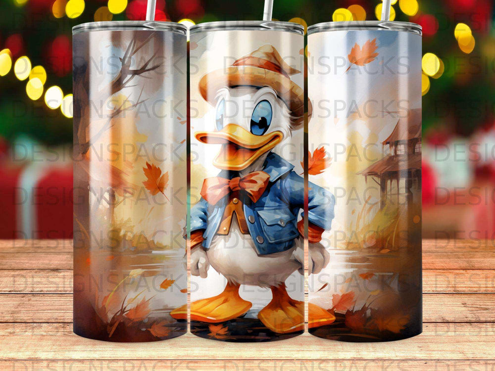 Donald Duck in a hat and jacket with autumn leaves.