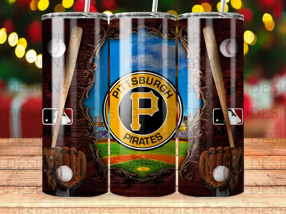 Pittsburgh Pirates baseball tumbler with glove, ball, and bat.