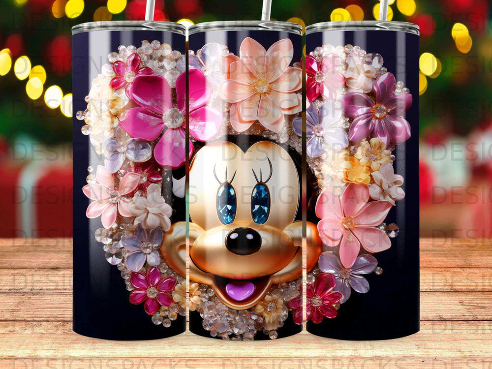 Mickey Mouse ears adorned with colorful flowers on a dark tumbler.