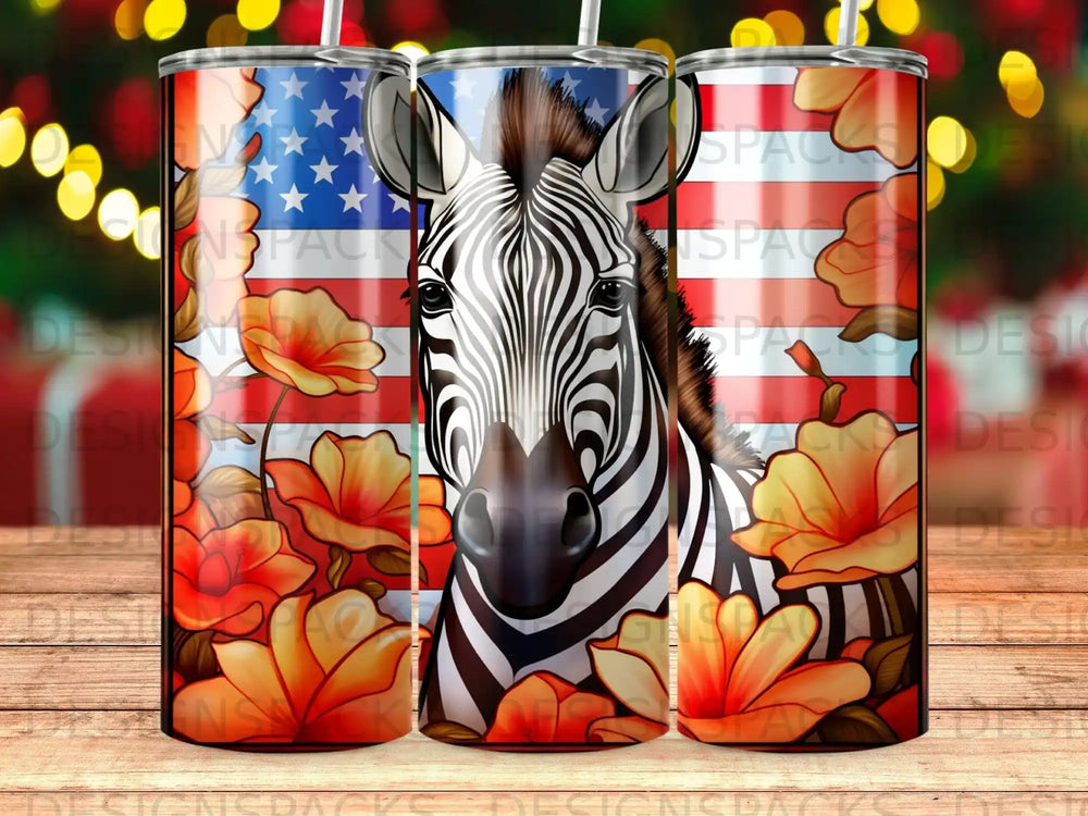 Zebra face and American flag design on three tall, skinny tumblers.