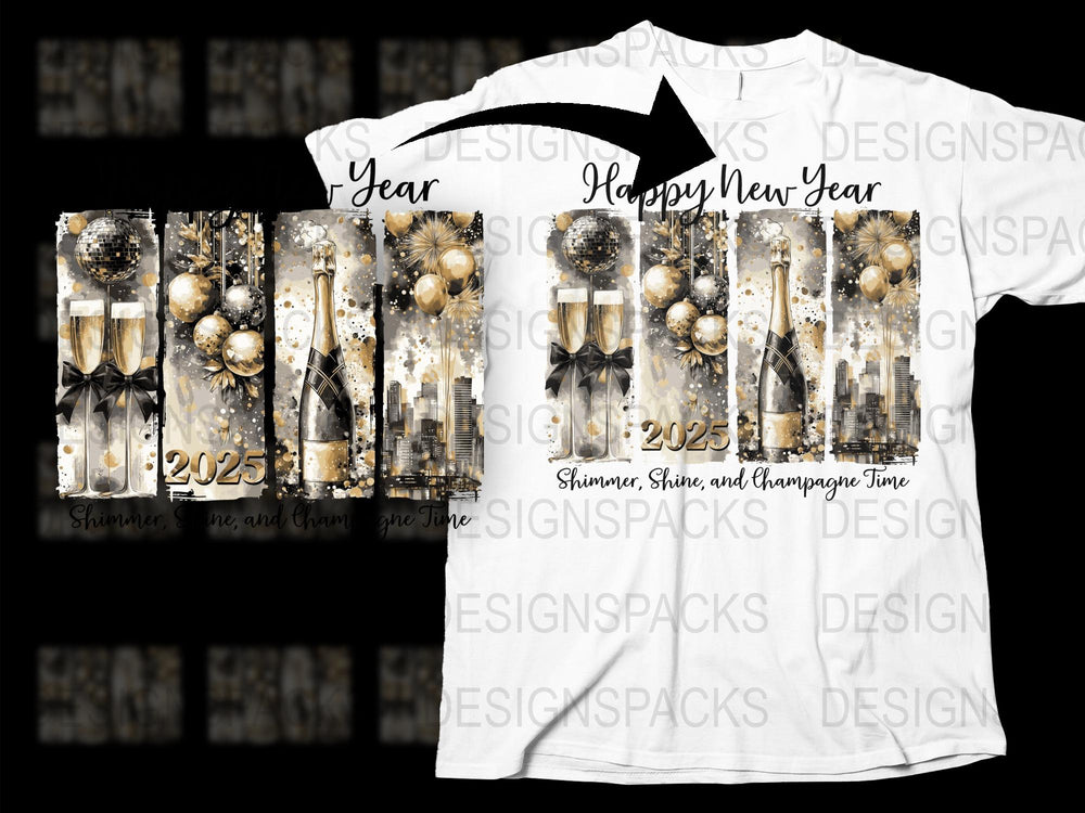 Happy New Year 2025 T-Shirt, Black and Gold Fireworks Design, Festive Holiday Apparel, Unisex New Year's Eve Party Shirt