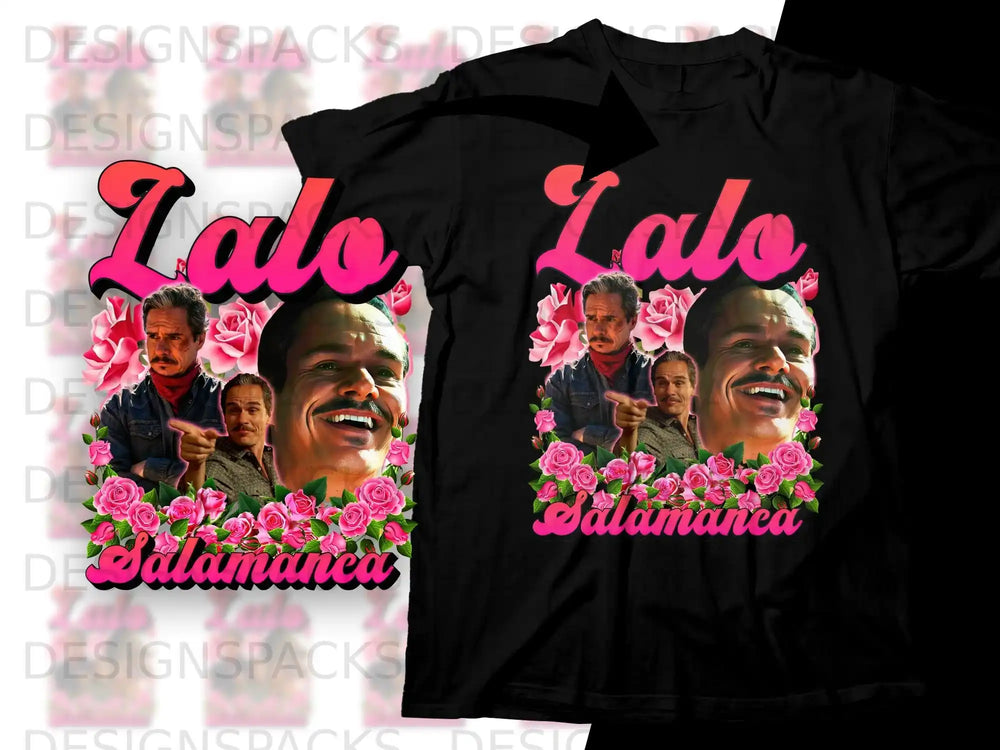Black t-shirt with graphic featuring a man's face, "Lalo" text, and pink roses.