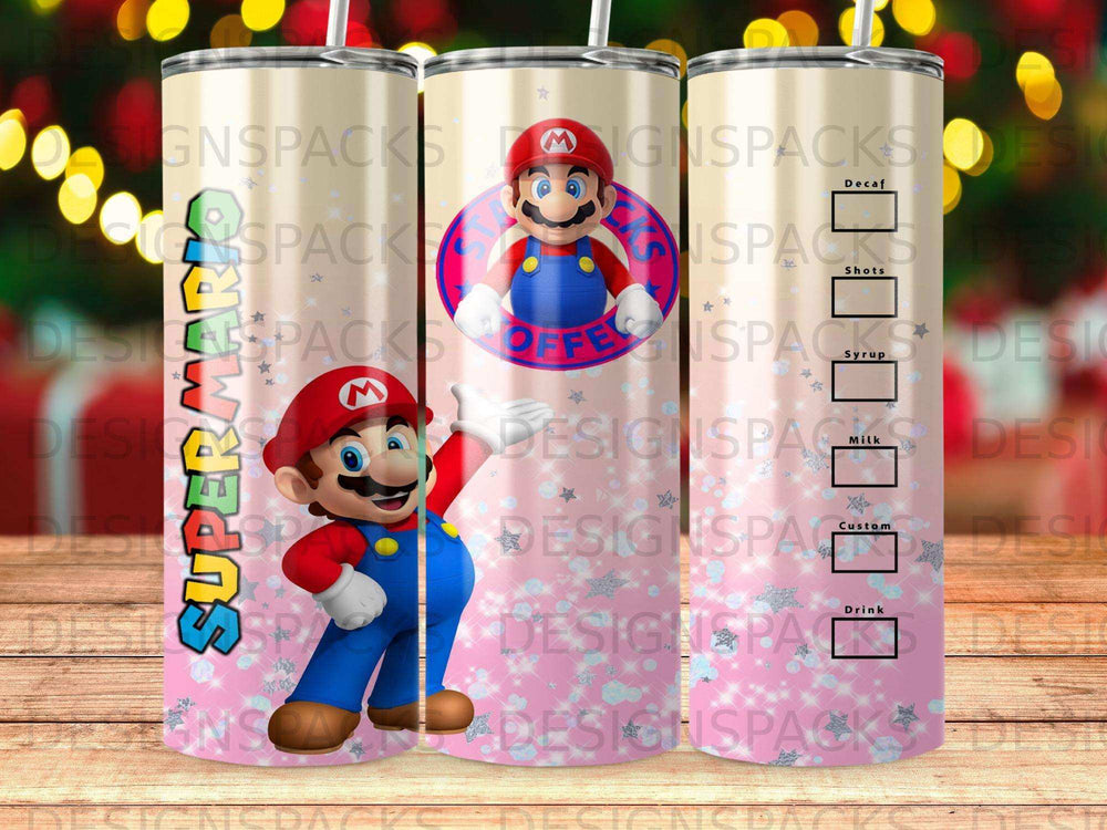 Super Mario character on a pink tumbler with coffee drink options.