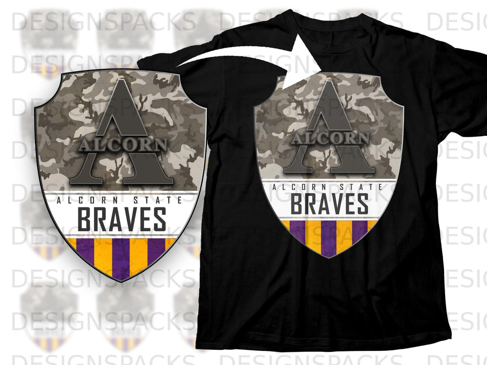 Alcorn State Braves shield logo with camouflage pattern and purple and gold stripes.