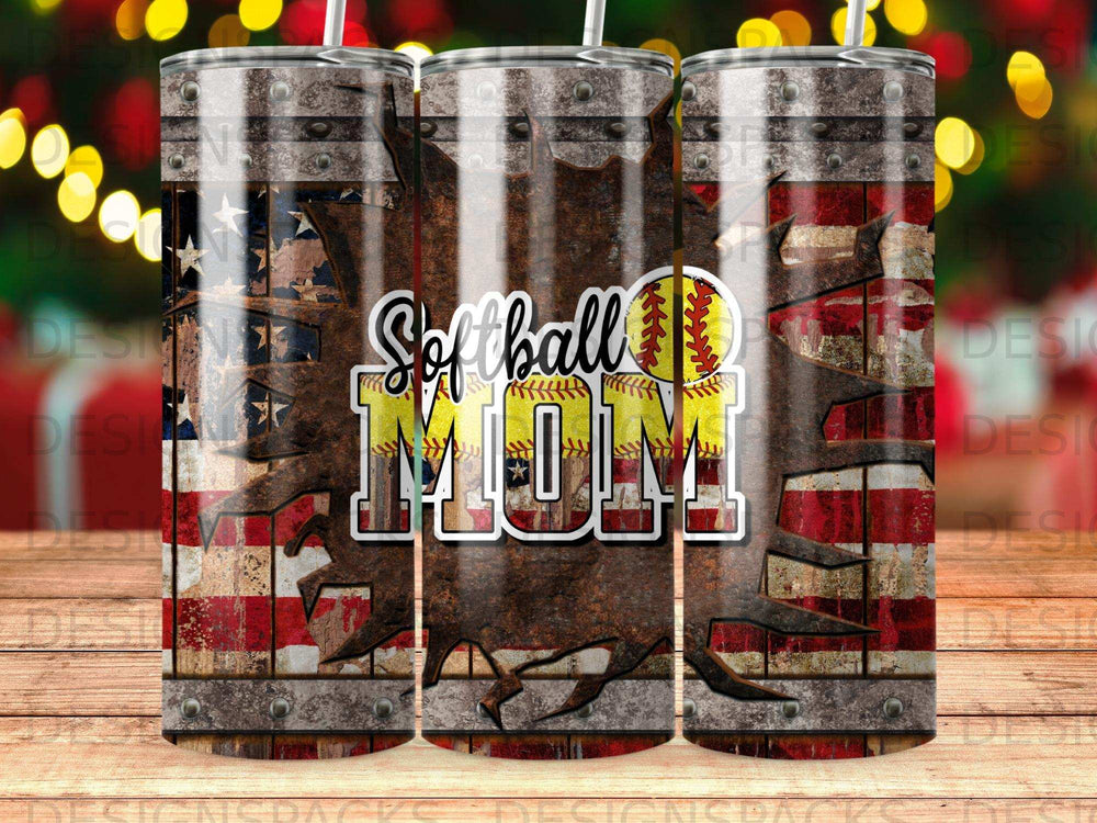 Softball Mom tumbler with American flag and distressed wood design.