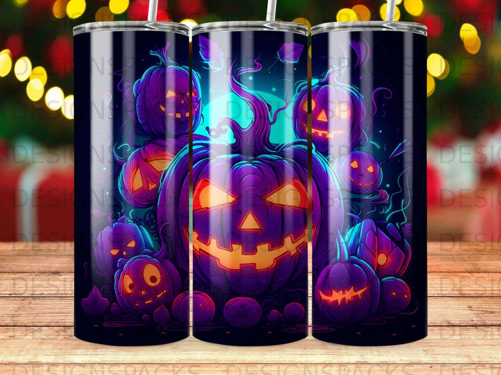 Spooky Halloween pumpkins in shades of purple and orange glow with jack-o'-lantern faces.