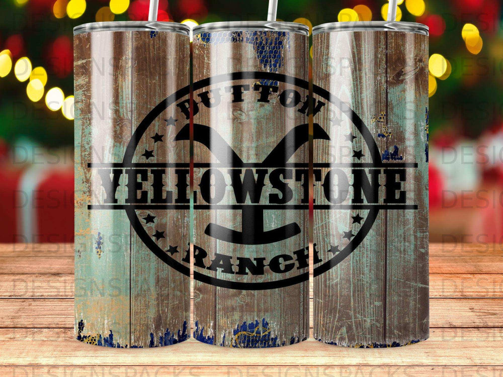 Yellowstone Ranch logo on distressed wood background tumbler.