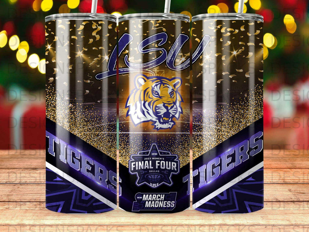 LSU Tigers 2023 Women's Final Four Dallas March Madness tumbler with purple and gold accents.