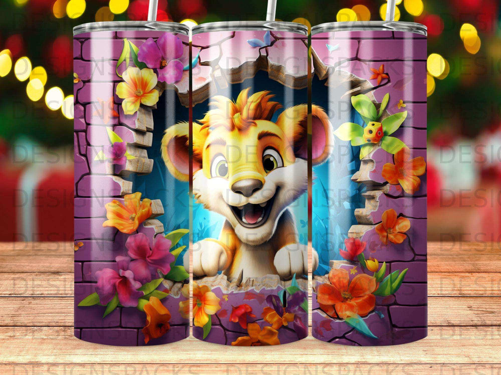 Lion cub peeking through crumbling wall adorned with flowers and ladybugs.