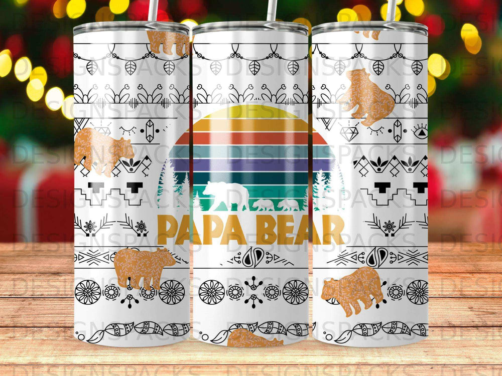 "Papa Bear" text on a tumbler with mountain and bear graphic.
